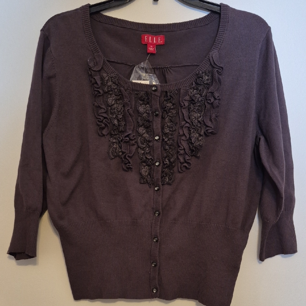 NWT Elle Womans Avenue Gray Button Up Sweater With Ruffle SZ XL